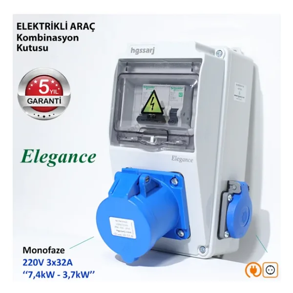 hgsşarj ''Elegance'' Monofaze Elektrikli Araç Kombinasyon Kutusu, Tesla Blue Adaptöre Uyumlu,Schneider