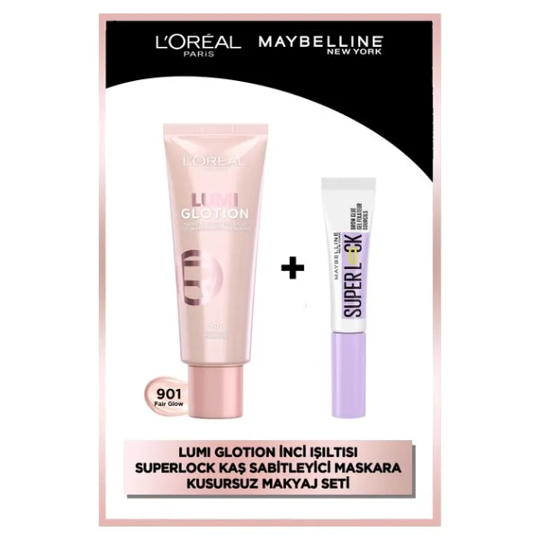 L'oreal Paris Glotion All-In-One Doğal Işıltı 901 & Super Lock Kaş Sabitleyici Makyaj Seti - Siyah