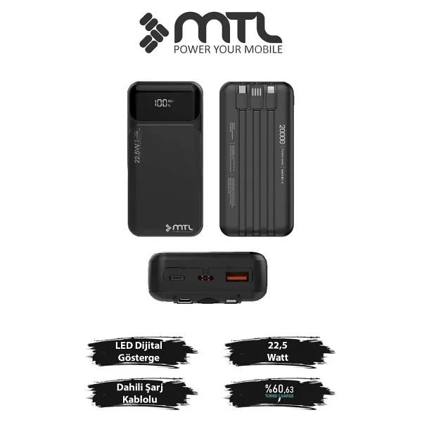 MTL 20000 mAh 22.5W Turbo Şarj Dahili Kablolu Dijital Led Göstergeli PD ve QC 3.0 Powerbank MT4320