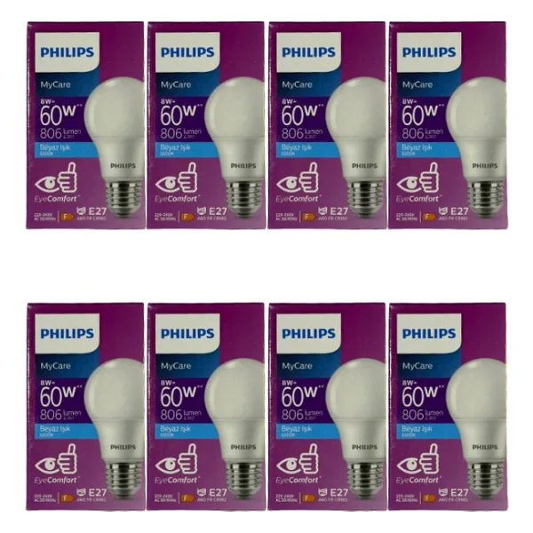Philips 8W (60W) 6500K (Beyaz Işık) E27 Duylu Klasik Led Ampul (8 Adet)