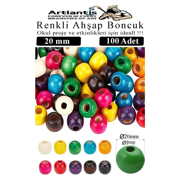 Renkli Ahşap Boncuk 20Mm 100 Lü 1 Paket Renkli Ahşap Boyalı Yuvarlak Doğal Boncuklar Saç Takı Tasarım Ektinlik Kreş Okul
