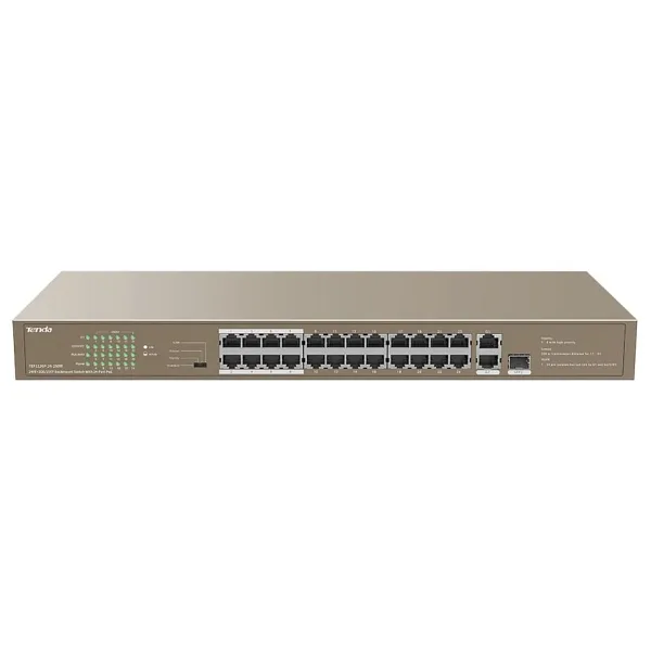 TENDA TEF1126P-24-250W 24 PORT 10/100 POE 2 PORT UPLINK + 1 SFP 250W YONETILEMEZ DESKTOP SWITCH