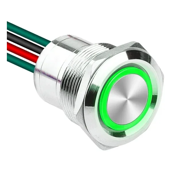 WD22D1-P2-E 22mm Düz Yaylı Işıklı Kablolu Metal Buton - Yeşil