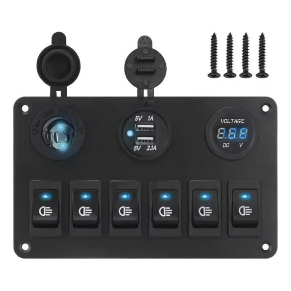 6'lı ON-OFF Mavi Işıklı Anahtar Switch Panel 2x5V USB Çakmaklık ve Voltaj Göstergeli