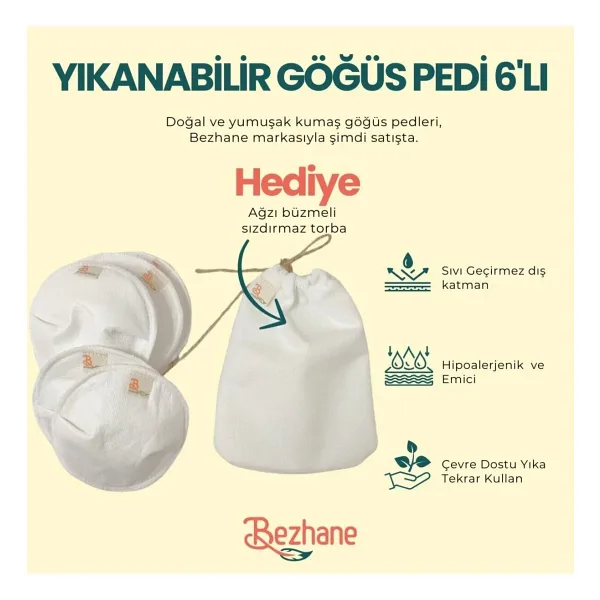 BEZHANE Yıkanabilir 6'lı Kumaş Göğüs Pedi