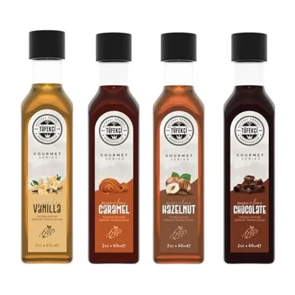 By Tüfekçi Gourmet Serias Şekersiz 0 Kalori 0 Şeker Aromalı Kahve Pasta Tatlı ve Kokteyl Şurubu (4 X 60 ml, 4'lü Çok Satan Dene Seti)