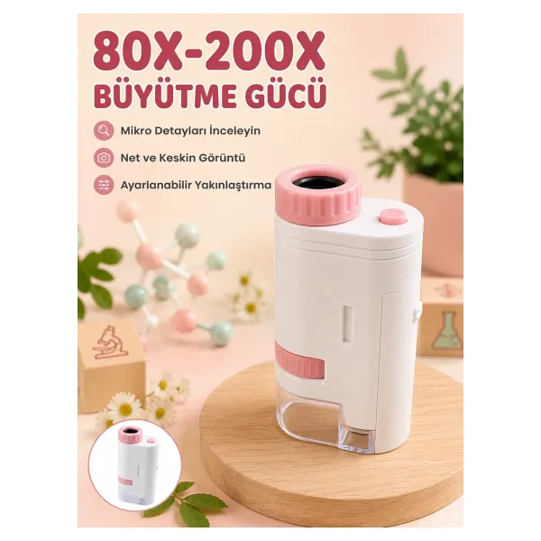 Eğitici Taşınabilir Mikroskop Ayarlanabilir Focus, Led Işık Ve 80x-200x Yakınlaştırma