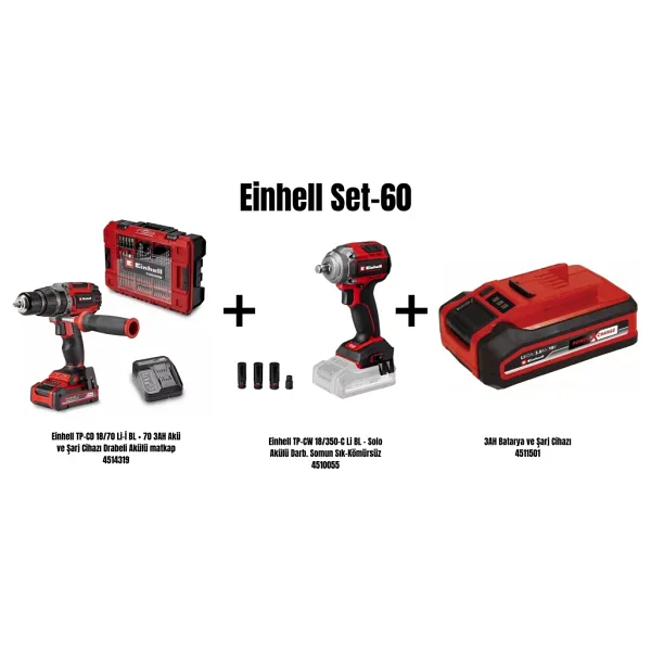 Einhell Set-60(Einhell TP-CD 18/70 Li-İ BL Drabeli Akülü matkap+Einhell TP-CW 18/350-C Li BL Akülü Darb. Somun Sık-Kömürsüz+3AH Batarya ve Şarj Cihazı)