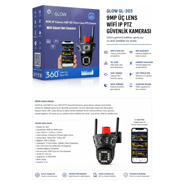 Glow GL-303 9MP Üç Lens WiFi IP PTZ Güvenlik Kamerası 360° Gece Görüşlü
