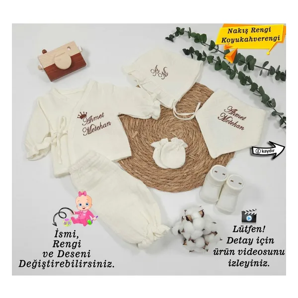 gros shop 4Katlı Müslin 6'li Bağcıklı Tulum %100Pamuk Hastane Çıkışı-Hediyelik(KişiyeÖzgü İsimli NakışDesenli)