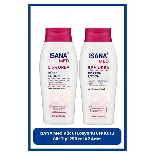 Isana Med Vücut Losyonu 5,5% Üre ile Kuru Ciltler için Hızlı Nemlendirme 500 ml X2 Adet