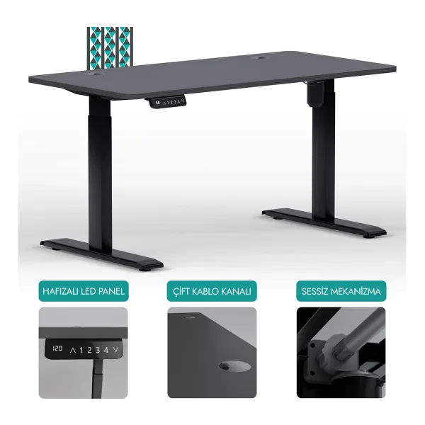Karr Office O-Flex 180x80 cm Tek Motorlu Elektrikli Antrasit Yükseklik Ayarlı Çalışma Masası