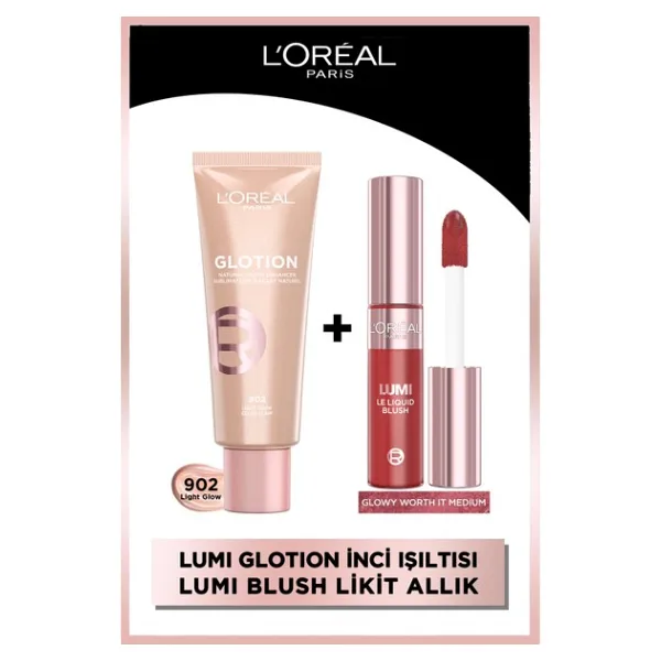 L'Oreal Paris Glotion Highlighter Likit Aydınlatıcı 902 Light Glow + Lumi Blush Likit Allık Glowy Worth It Medium