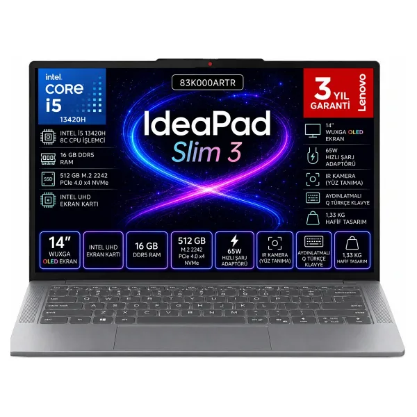 Lenovo Ideapad Slim 3 14IRH10 Intel Core I5 13620H 16 GB 512 GB SSD Freedos 14 Inç OLED 83K000ARTR