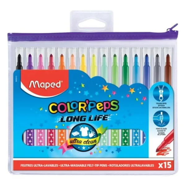 Maped Color Peps Long Life Plastik Çantalı 15'li Keçeli Kalem Seti