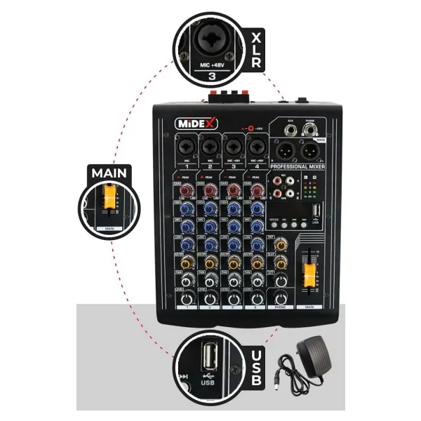 Midex MP-400 2x200 W 4 Kanal Power Mikser