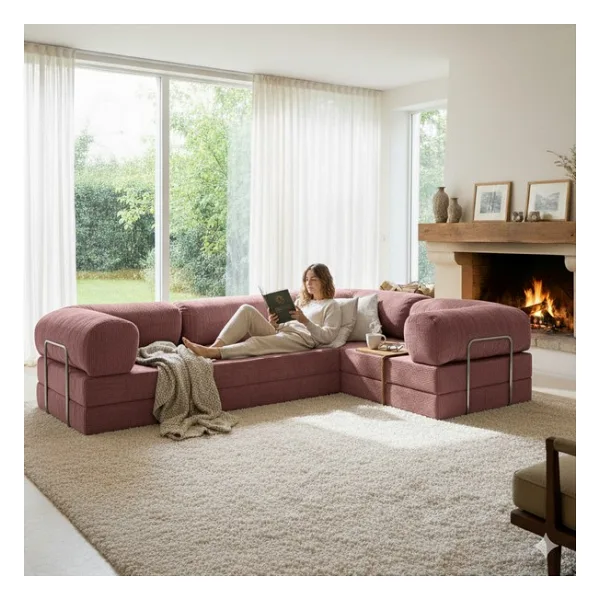 MONAMI Dechome 300X200 Teddy Serisi Köşe Kapali Uzanma Modüler Koltuk Yıkanabilir Corduroy Kumaş Çok Fonksiyonlu Yer Yatağıyeny Fitilli - Pembe
