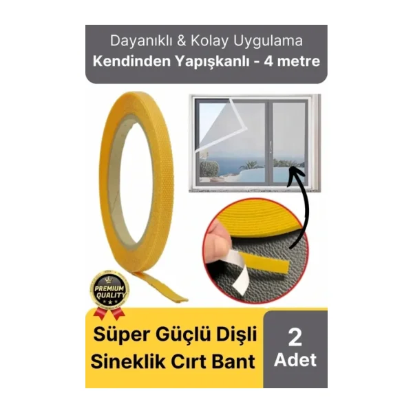 Premium Seri Güçlü Kendinden Yapışkanlı Ahşap Pencere Kapı Sineklik Tülü Yedek 4mt Cırt Bant-2 Adet