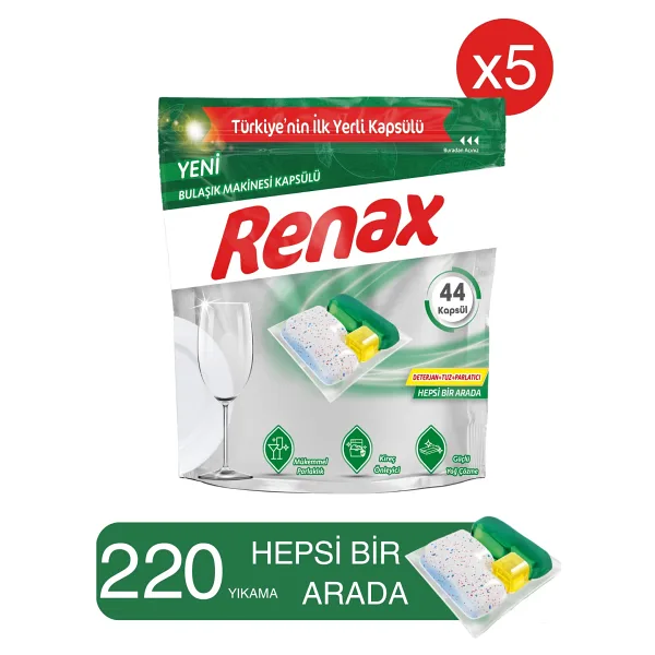 Renax Hepsi Bir Arada Bulaşık Makinesi Kapsülü 44'lü x 5 Paket - Güçlü Yağ ve Kir Temizliği