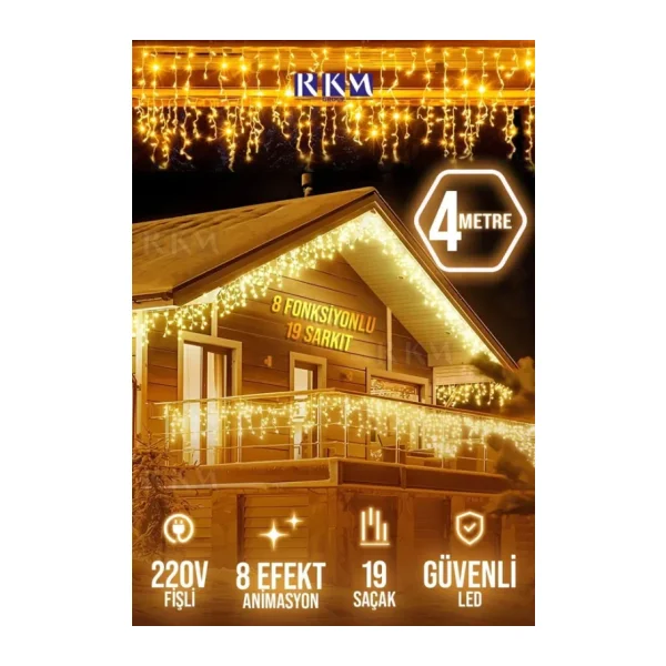 Rkmstore Saçak Led 19 Sarkıt Gün Işığı Fişli Eklemeli 4 Metre 8 Fonksiyonlu