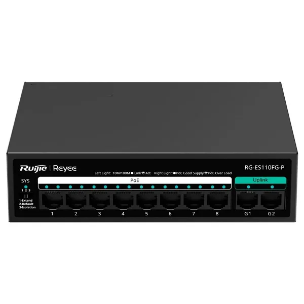 RUIJIE REYEE RG-ES110FG-P 8 PORT 10/100 8 PORT POE 2 PORT GIGABIT UPLINK 110W YONETILEMEZ DESKTOP SWITCH