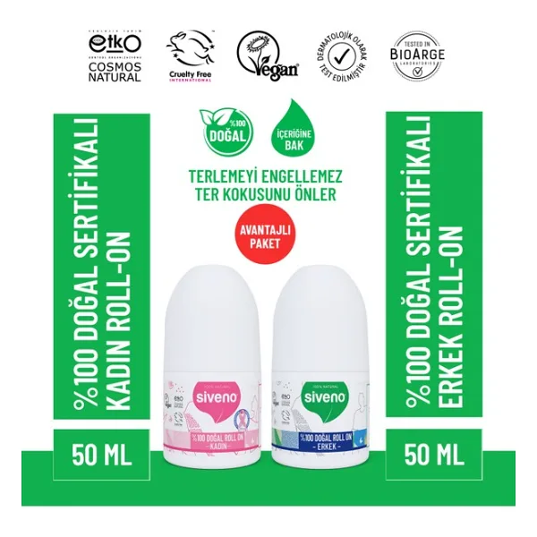 Siveno %100 Doğal Roll On Kadın & Erkek Deodorant Ter Kokusu Önleyici Bitkisel Lekesiz Vegan 50 ml Set