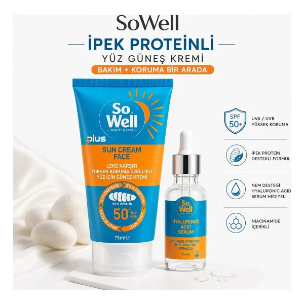 So Well Plus Yüksek Koruma Özellikli Yüz İçin Güneş Kremi SPF 50+ & Hyaluronik Acid Serum Hediye Seti 75 ml Krem + Serum