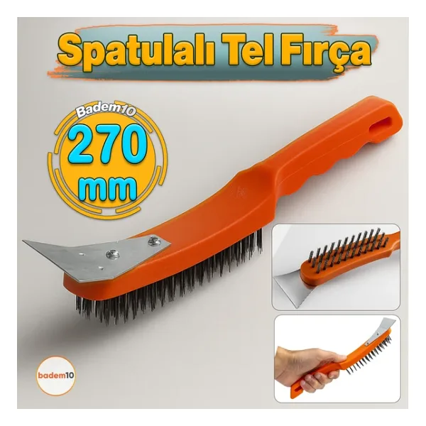 Spatulalı Çelik Tel Fırça 270 Mm Metal Kazıma Temizleme Pas Sökücü Çelik Kıllı El Tipi Nalbur Fırça