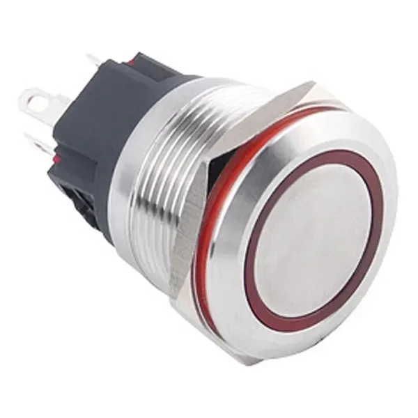 WD22B-P1-E 22mm Düz Yaylı Işıklı Metal Buton - Kırmızı