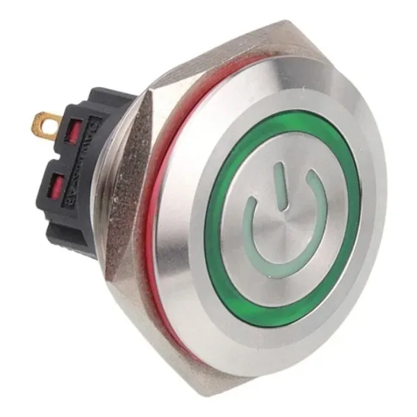 WD28B-P1Z-EC 28mm Düz Anahtarlı Işıklı Power Metal Buton - Yeşil
