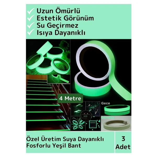 Wintoup Özel Üretim Karanlıkta Işık Veren Yansıyan 4 Mtr Fosforlu Yeşil Şerit Yapışkanlı Reflektör Bant 3 Ad
