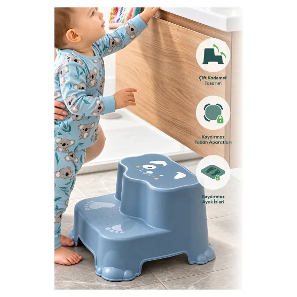 Wumboo Kaydırmaz Çocuk Basamağı - Çift Katlı Banyo Merdiven Yükseltici Bebek Basamağı -Mavi
