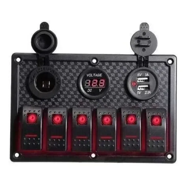 6'lı ON-OFF Kırmızı Işıklı Anahtar Switch Panel 2x5V USB Çakmaklık ve Voltaj Göstergeli