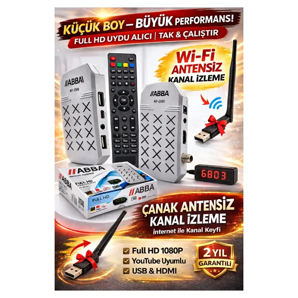 ABBA KF-2500 Full HD Mini Uydu Alıcı Youtube IPTV WiFi Destekli USB HDMI 1080p + WiFi Anten