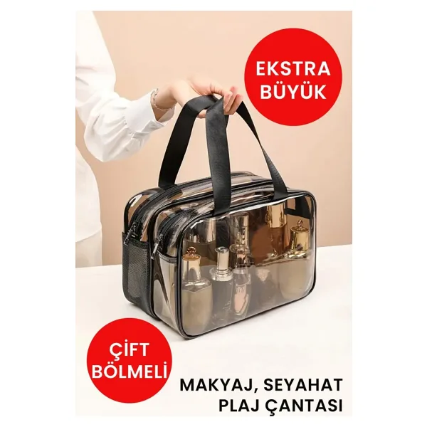 Arnee Şeffaf Çift Bölmeli Fileli Büyük Kadın Seyahat Kozmetik Bakım Plaj Makyaj Çantası Valiz Organizer