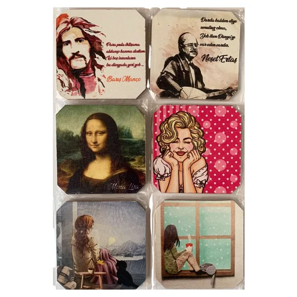Bardak Altlığı 6'lı Şans Butiği Ahşap Baskılı Doğa, Ünlüler, Sanat Eserleri, Mandala, İlham Verici Görsel İçerikler Asorti Easyso4134
