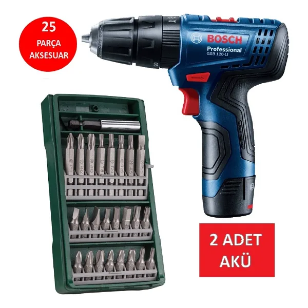 Bosch Darbeli Matkap Çift Akülü Şarjlı Matkap Akülü Vidalama + 25 Parça Vidalama Ucu Seti