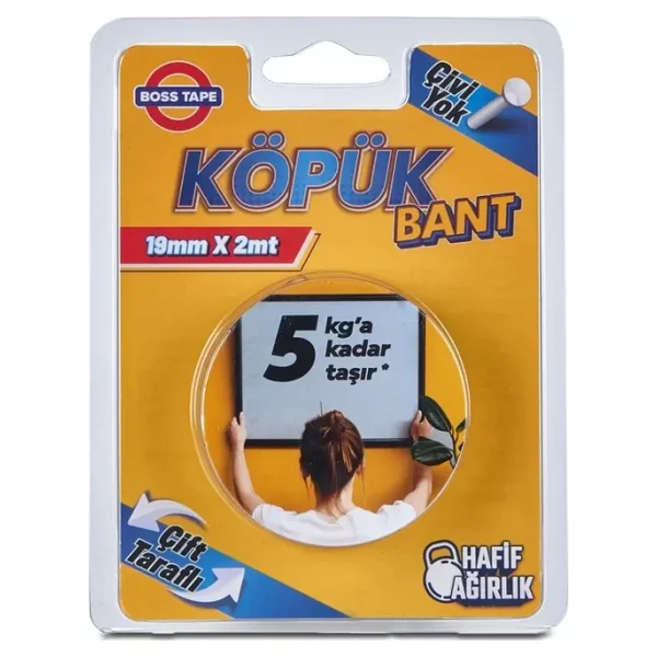 Boss Tape 2718 Çift Taraflı Köpük Bant 19mmx2m (Hafif Ağırlık 5kg)