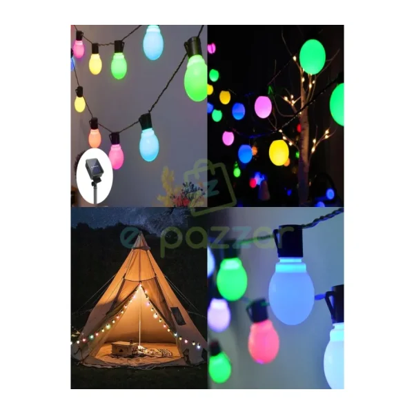 Epazzar 10'lu Büyük Top Ampul 8 Fonksiyonlu Festival Kamp Bahçe Solar Panelli LED Işık Dizeleri Multicolor