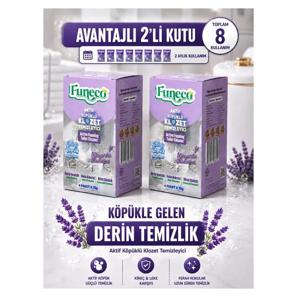 FUNECO Lavanta Ferahlığı - Avantajlı Paket - 2 Kutu - 8 Paket - Tuvalet Klozet Temizleyici, Aktif Köpüklü