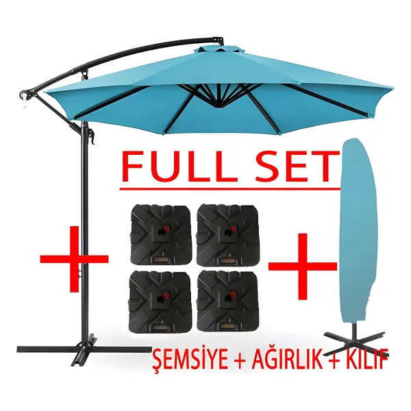 Gunbo Home 3 Mt 8 Kaburga Full Demir 21 Kg Turkuaz Bahçe Şemsiyesi Full Set Havuz Şemsiyesi Büyük Şemsiye Mavi
