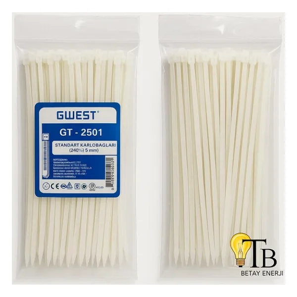 Gwest Kablo Bağı 250X3.6 Mm 100 Adet Beyaz Plastik Kelepçe Nylon 66 Standart Kablo Bağları
