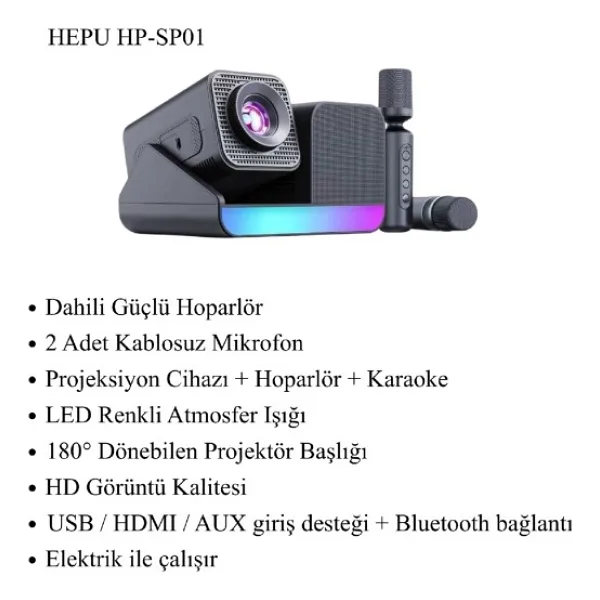 Hepu HP-SP01 Edition Projeksiyon Speaker Mikrofon 3in1 Taşınabilir Android 11 Akıllı Sinema 1gbram 8gbrom - Siyah