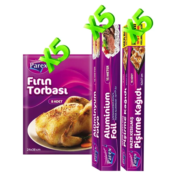 Kesilmiş Pişirme Kağıdı, Fırın Torbası Ve Alüminyum Folyo 5'er Paket Set