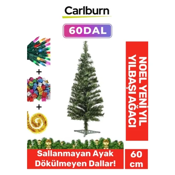 Kutulu Süsleme Seti Yılbaşı Çam Ağacı Renkli Işığı Yeni Yıl 2025 Süsleri Noel Paketi 60 Cm 60 Dal