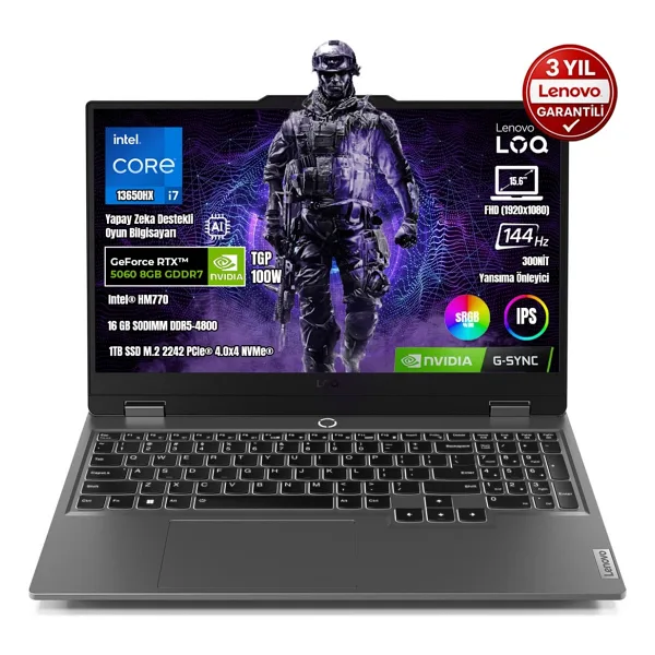 Lenovo Loq 15IRX10 83JE00JQTR I7-13650HX 16GB Ddr5 1tb SSD RTX5060 8gb Tgp 100W 15.6" IPS 144Hz Freedos Taşınabilir Bilgisayar - 1 TB - 16 GB