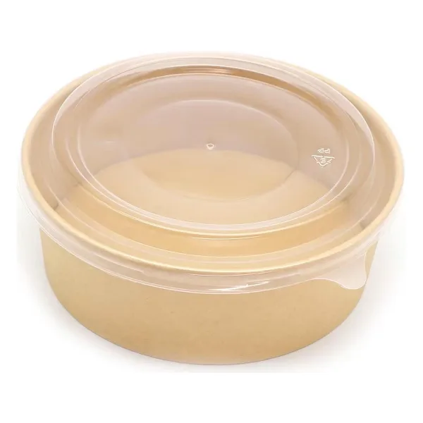 Omeyva Yuvarlak Şeffaf Kapaklı Kağıt Karton Kraft Salata Yemek Kabı Kase- 32 Oz - 1000 Ml. -10 Adet