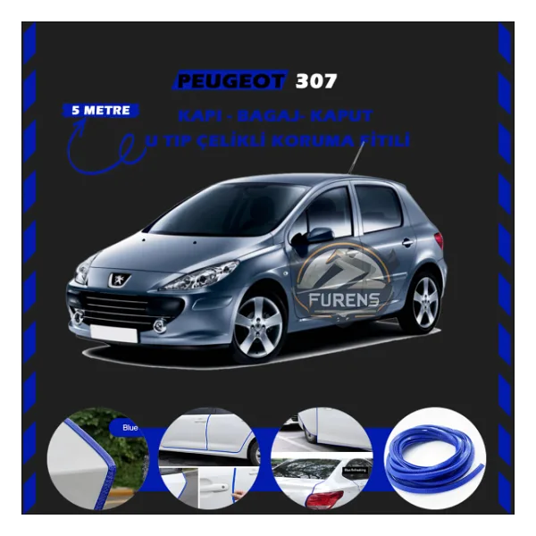 Peugeot 307 Oto Araç Kapı Koruma Fitili 5metre Parlak Mavi Renk