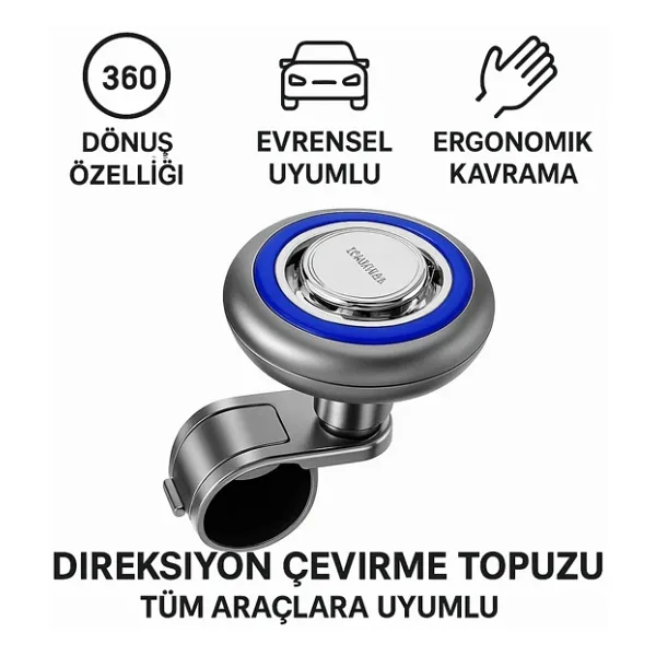 Polham 360 Derece Dönebilen Direksiyon Çevirme Topuzu - Tüm Araçlarla Uyumlu, Kamyon, Tır, Traktör, Direksiyon Çevirme Topuzu Mavi