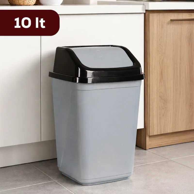 Porsima 0100 Kapaklı Gri-Siyah Çöp Kutusu - Favori Banyo ve Mutfak Çöp Kovası 10LT - 10 lt